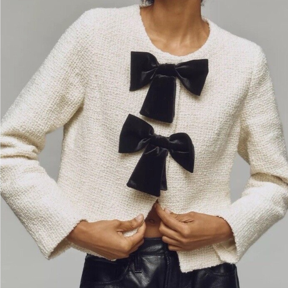 Anthropologie Avec Les Filles Tweed Jacket with Velvet Bows XXS